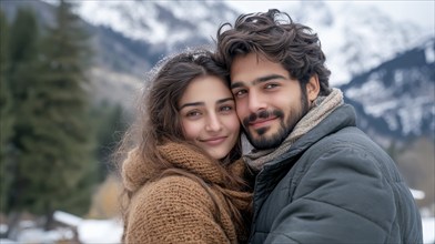 Couple in scenic snowy location, dressed warmly, radiating natural beauty and connection, AI