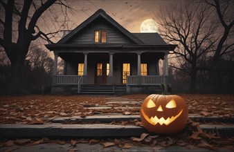 An illuminated pumpkin sits on the steps in front of an old house under a full moon and bare trees,