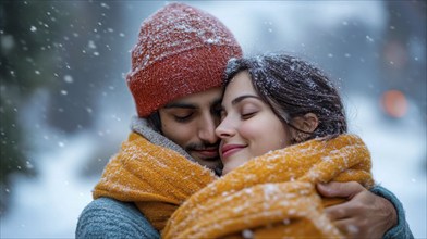 Couple in a snowy scene, embraced warmly in colorful scarves, feeling love and warmth, AI generated