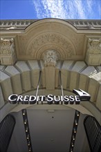 Zurich, Switzerland, Credit Suisse, company logo on the façade of the Credit Suisse Bank