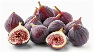 A cluster of ripe purple figs, both whole and sliced, displaying fresh textures, AI generated