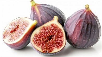 Vivid image of purple figs, whole and sliced, revealing their juicy interior, AI generated