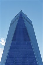 New York City, USA, June 20, 2018: Low angle view of One World Trade Center in New York. Vertical