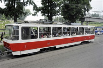 09.08.2012, Pyongyang, North Korea, Asia, People in a crowded tram in the centre of the North