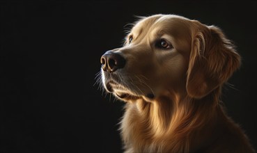 A dog with a golden coat and brown eyes is looking at the camera. The image has a moody and