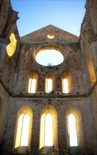 Photo shoot of the famous roofless church of San Galgano in the lands near Siena Italy