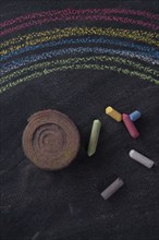 Representation of a rainbow graphic design run with chalk on blackboard