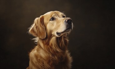 A brown dog with long hair is looking at the camera. The dog is standing in front of a dark