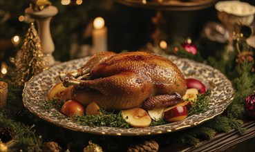 A large roasted turkey is on a plate with apples and herbs. The turkey is surrounded by a green