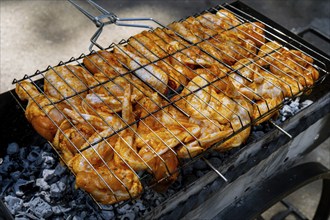 BBQ picnic time Roasted chicken legs and wings on grill. Grilling meat on outdoor grill grid tasty