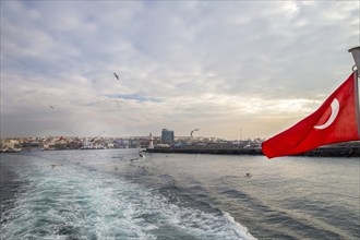 Beautiful view from the passenger ship to the Kadikoy district of Istanbul with seagulls and the