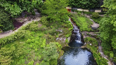 Awe waterfall in Japanese garden in Kaiserslautern and red maple trees, Late May in Rhineland