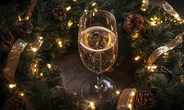 A glass of champagne is sitting in a wreath of pine needles. The wreath is lit up with Christmas