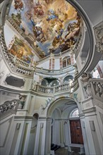 Frescoes in the Baroque staircase from 1723, Wurzach Castle, Bad Wurzach, Allgäu,