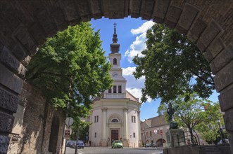 Lutheran Church of Budavár photographed through the Gate Vienna (Bécsi kapu), Budapest, Hungary,