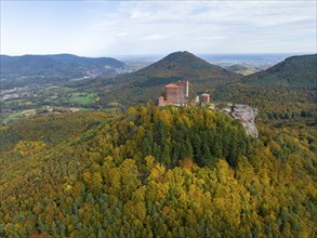 Aerial view, Reichsburg Trifels, Annweiler, Palatinate, Rhineland-Palatinate Forest in autumn,