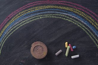 Representation of a rainbow graphic design run with chalk on blackboard