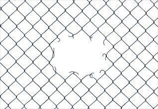 Framing Image Of A Hole In A Chain-Link Fence On A White Background