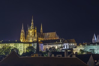 View of Prague castle from Vltava river in evening, Czech republic