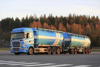 FORSSA, FINLAND, OCTOBER 17, 2015: Blue and white Scania R580 double tanker of E.Laurila Oy parked