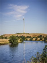 A wind turbine on the Große Ruhrinsel, Mülheim an der Ruhr, Ruhr area, North Rhine-Westphalia,