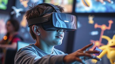 A young person immersed in a virtual reality experience wears a VR headset and is surrounded by