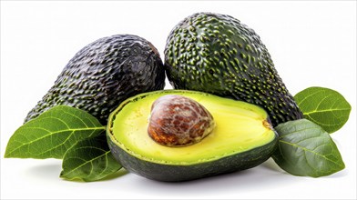 Three avocados with a sliced one, displaying a glossy texture and vibrant green leaves, AI