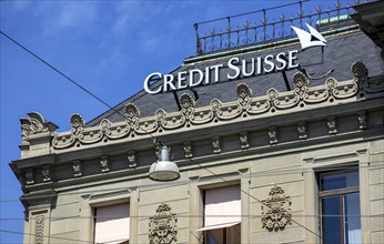 Zurich, Switzerland, Credit Suisse, company logo on the façade of the Credit Suisse Bank