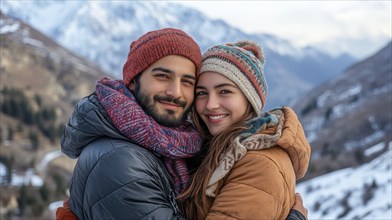 Couple embraced in a scenic mountain background, wearing warm attire, showcasing strong bond, AI