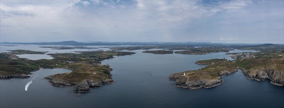 A panorama view of the entrance to the Baltimore Harbor in West Cork with teh Sherkin Island