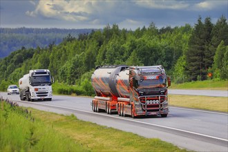 Scania S650 truck 2019 Kuljetus Auvinen Oy for bulk transport delivering load on motorway on a day