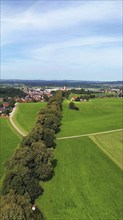 Aerial view of Lindenallee in Marktoberdorf with a view of the historic castle. Marktoberdorf,