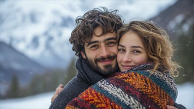 Happy couple embracing in front of snowy mountains enveloped in a colorful blanket, AI generated