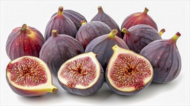 Cluster of whole and sliced purple figs displaying their seeds and juicy texture, AI generated