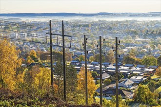 Power line in a city with autumn colors