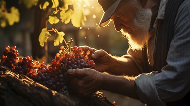 Weathered vintner inspects his wine grape harvest in the vineyard. generative AI