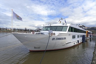 Passenger ship at anchor on the Rhine, Deutsches Eck, Koblenz, Rhineland-Palatinate, Germany,