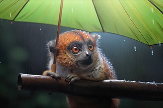 Titi monkey on a branch with a rain umbrella under a heavy shower in the rainforest, AI Generated