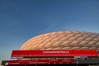 Access control, security check, Allianz Arena in the evening light, golden hour, Munich, Bavaria,