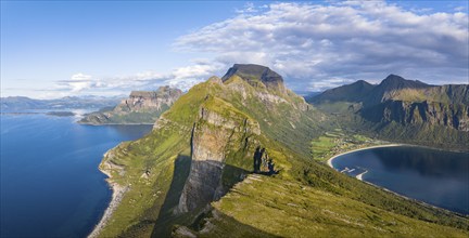 View from Finnesfjellet mountain to mountains and coast, Finnes, Helgeland coast, Bodø, Nordland,