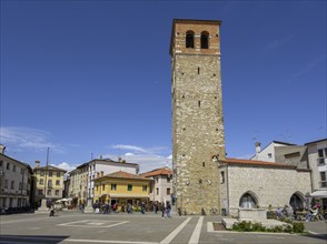 Main square with Torre Millenaria, Marano Lagunare, province of Udine, Italy, Europe