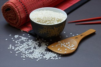 Rice, white rice in bowl with wooden ladle