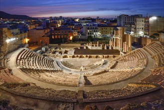 Teatro Romano, blue hour, Roman amphitheater, in the old town of Cartagena, Murcia region, Spain,