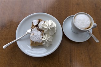 Apple strudel with cream and cappuccino