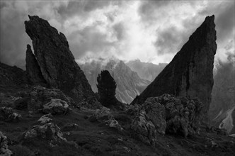 Malga-Alm below the Geisler peaks, Puez-Odle nature Park, Seceda, Val Gardena, Trentino, South