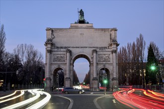 Siegestor by the architect Friedrich von Gärtner (1852), blue hour, Munich, Bavaria, Germany,