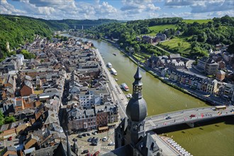 Aerial view of Dinant town, Collegiate Church of Notre Dame de Dinant, River Meuse and Pont Charles