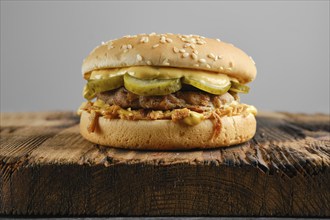 Beef burger with pickled cucumber and onion crumbs front view