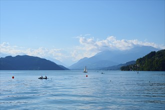 Lake, mountains, boats, standup paddlers, summer, Lake Millstatt, Döbriach, Carinthia, Austria,