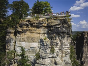 Aerial view of Rathen on the Elbe with the rocks of the Basteige area and the new viewing platform